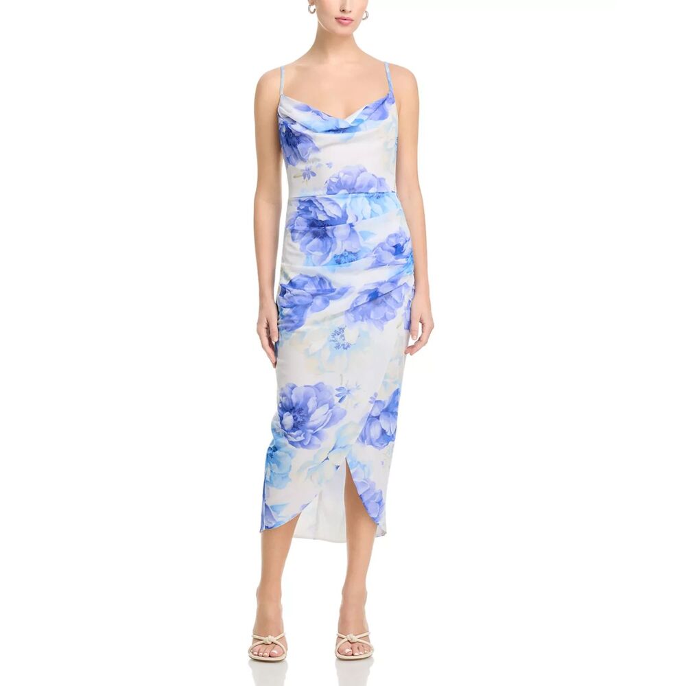 Bloomingdale's AQUA Mesh Midi Dress, Cowl Neck Blue Floral Bodycon Small